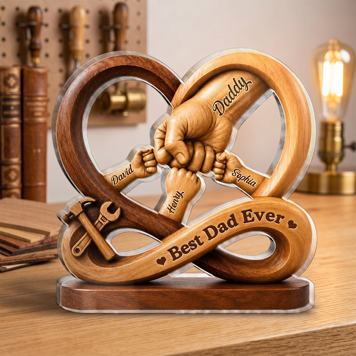 Personalized dad acrylic plaque with custom family fist bumps and tool design for Father's Day gift image 6
