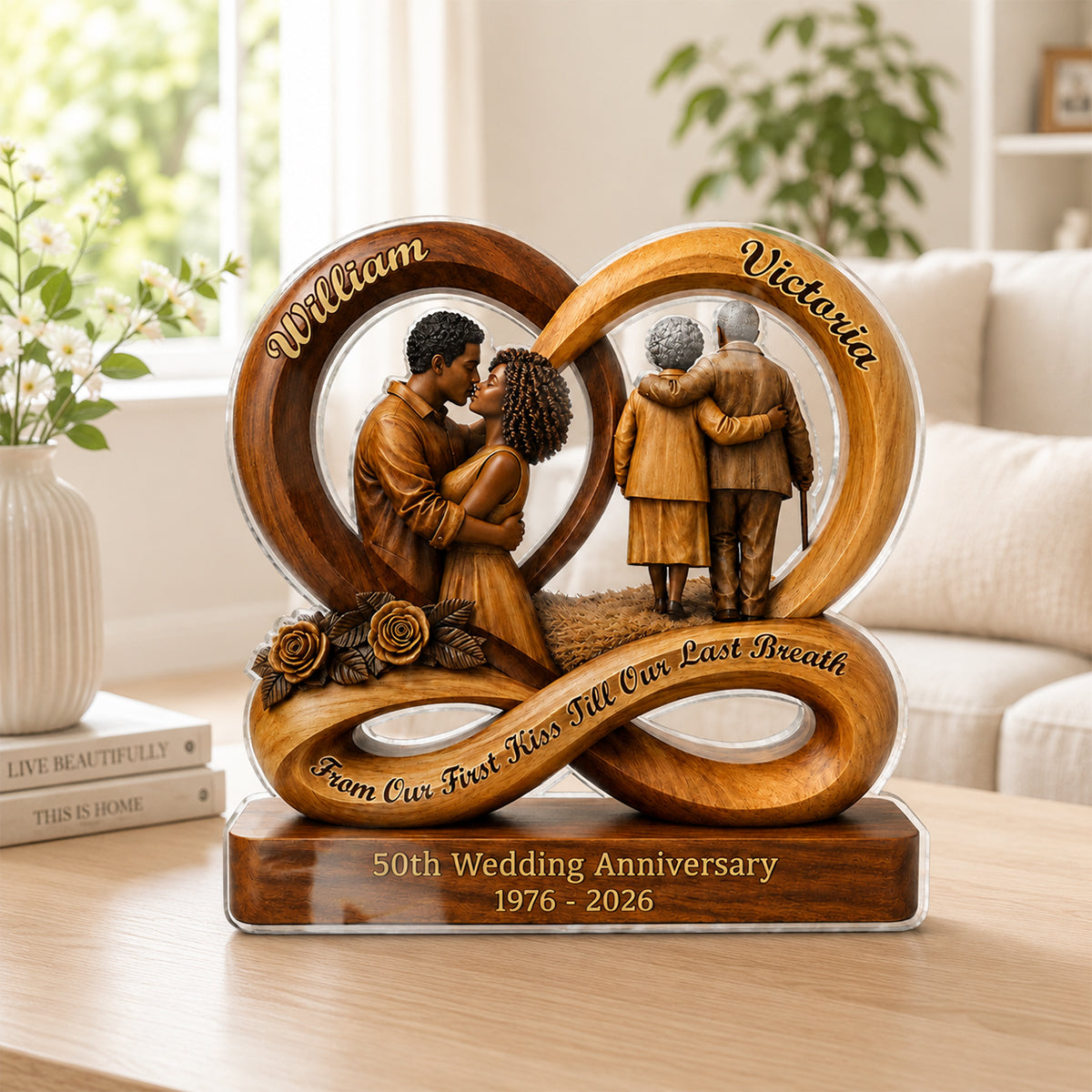 Personalized 50th anniversary gift custom acrylic plaque showing young and elderly couple kissing and walking together image 6