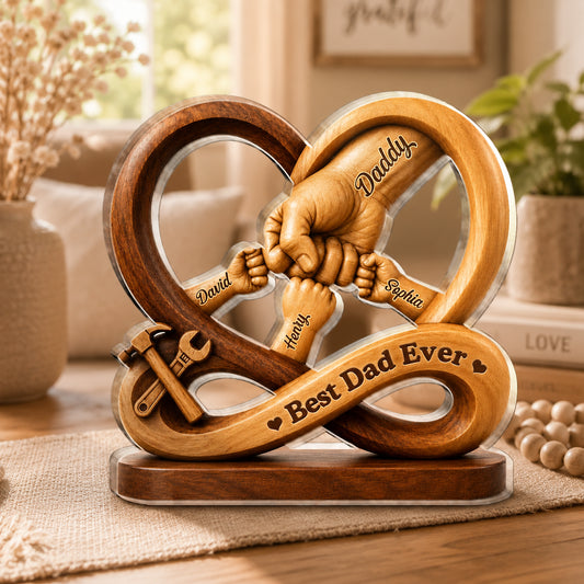 Personalized dad acrylic plaque with custom family fist bumps and tool design for Father's Day gift