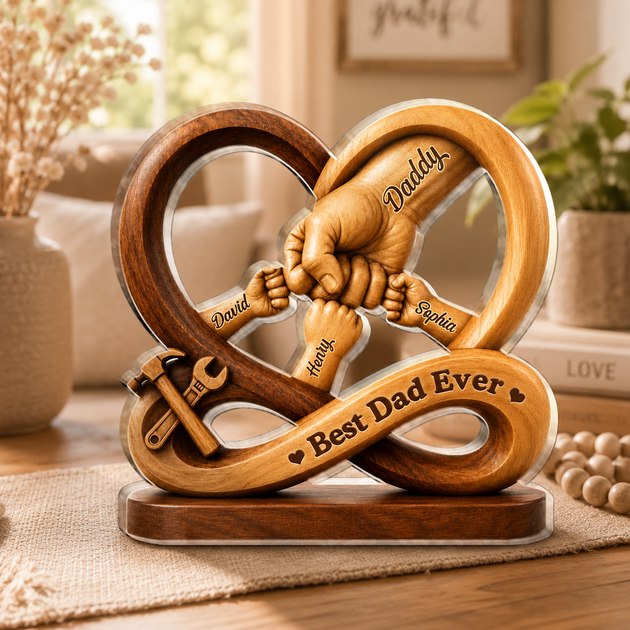 Personalized dad acrylic plaque with custom family fist bumps and tool design for Father's Day gift