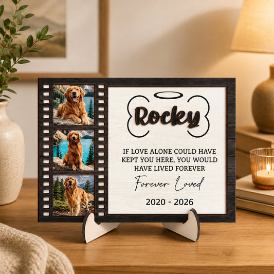 Personalized pet memorial plaque with custom photos and Forever Loved quote for grieving pet owners