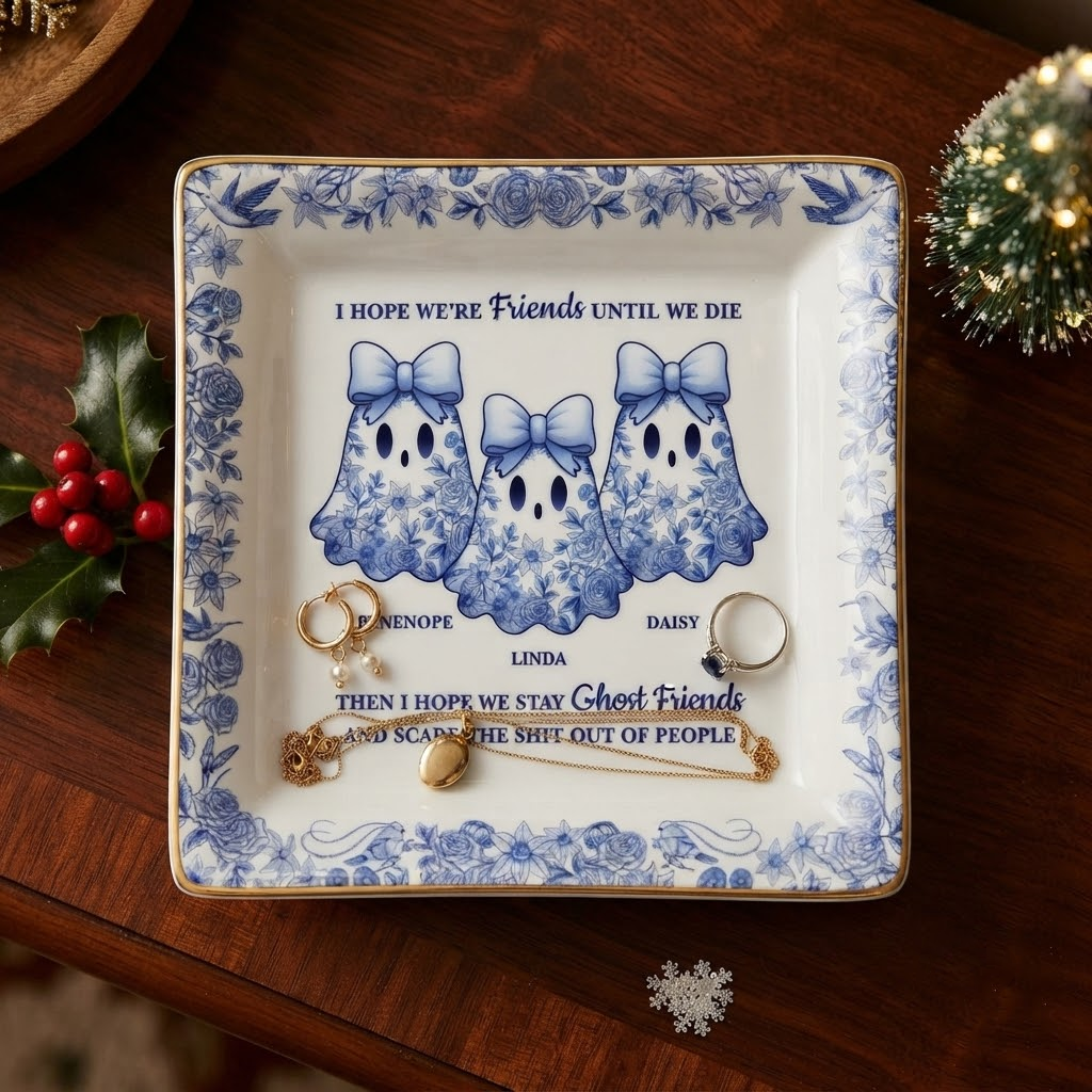"Friends Until We Die" Personalized Ghost Jewelry Dish - Halloween Keepsake Gift for Best Friends