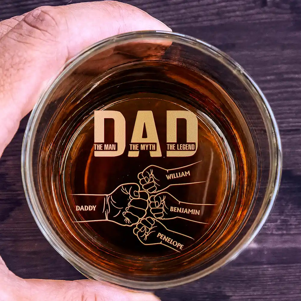 Personalized engraved whiskey glass with custom dad and kids fist bump design for Father's Day
