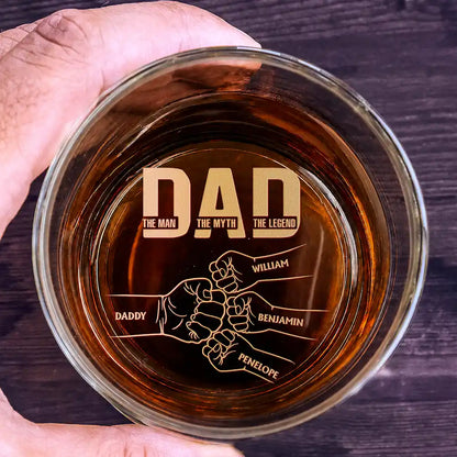 Personalized engraved whiskey glass with custom dad and kids fist bump design for Father's Day