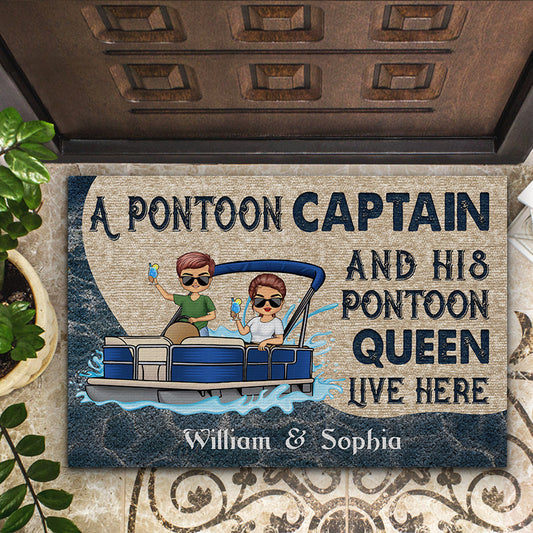 A Pontoon Captain And His Pontoon Queen Live Here - Personalized Custom Couple Doormat