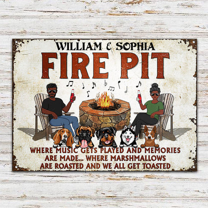 Fire Pit Where Music Gets Played Husband Wife Camping Couple Dog Lovers - Backyard Sign - Personalized Custom Classic Metal Signs