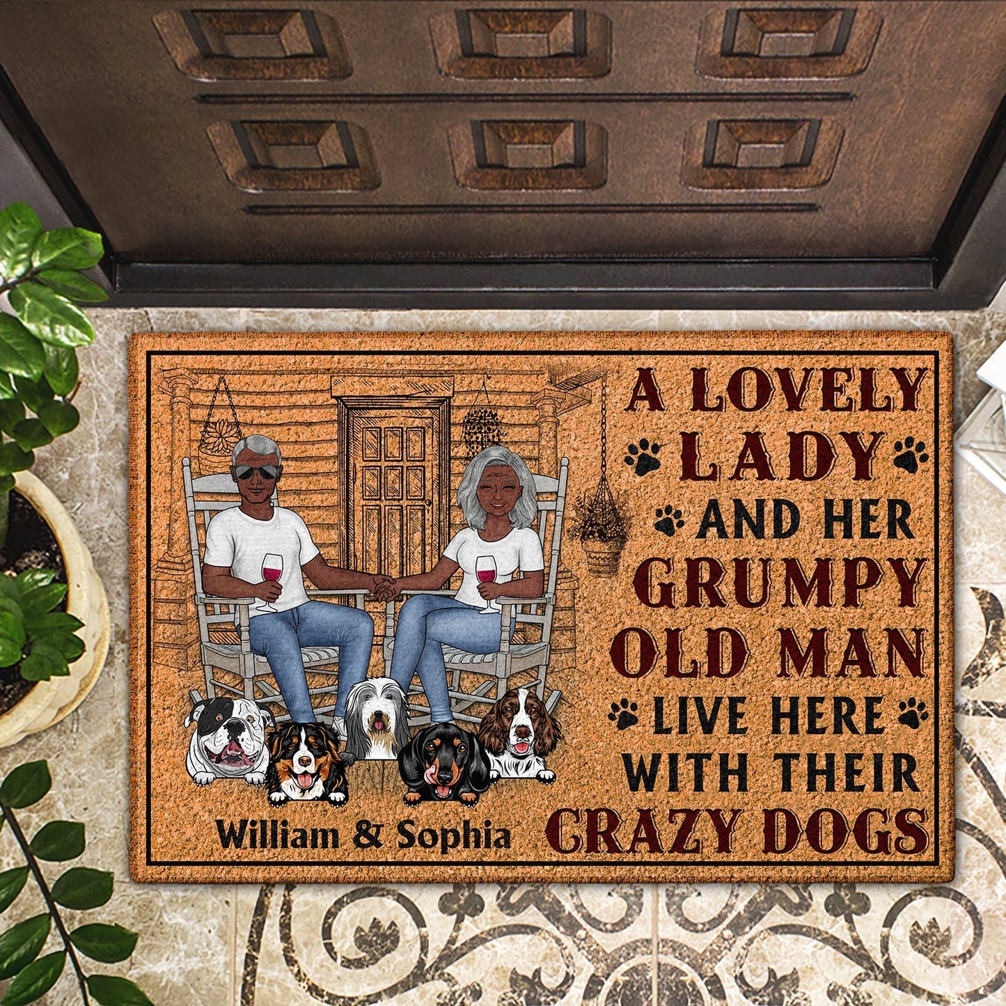 A Lovely Lady And A Grumpy Old Man Live Here - Personalized Custom Dog Couple Doormat