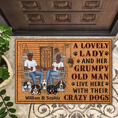 A Lovely Lady And A Grumpy Old Man Live Here - Personalized Custom Dog Couple Doormat