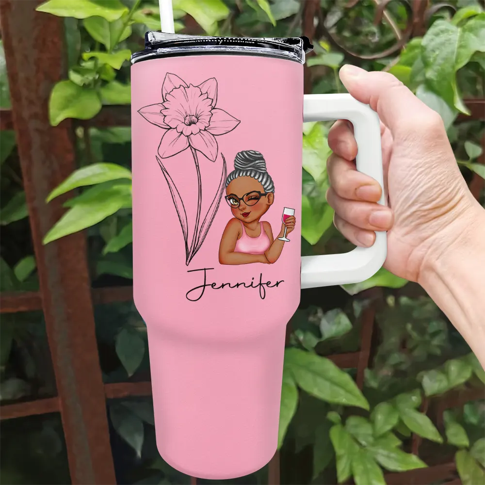 Sketch Girl Bloom Where You're Planted - Personalized Birth Month Flowers Tumbler With Straw