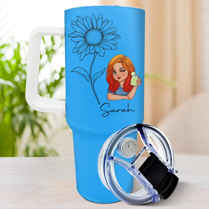 Sketch Girl Bloom Where You're Planted - Personalized Birth Month Flowers Tumbler With Straw