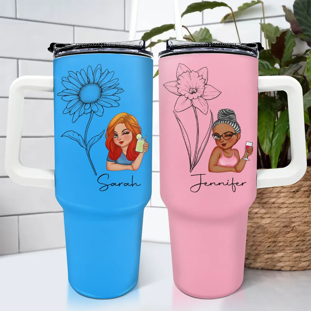 Sketch Girl Bloom Where You're Planted - Personalized Birth Month Flowers Tumbler With Straw