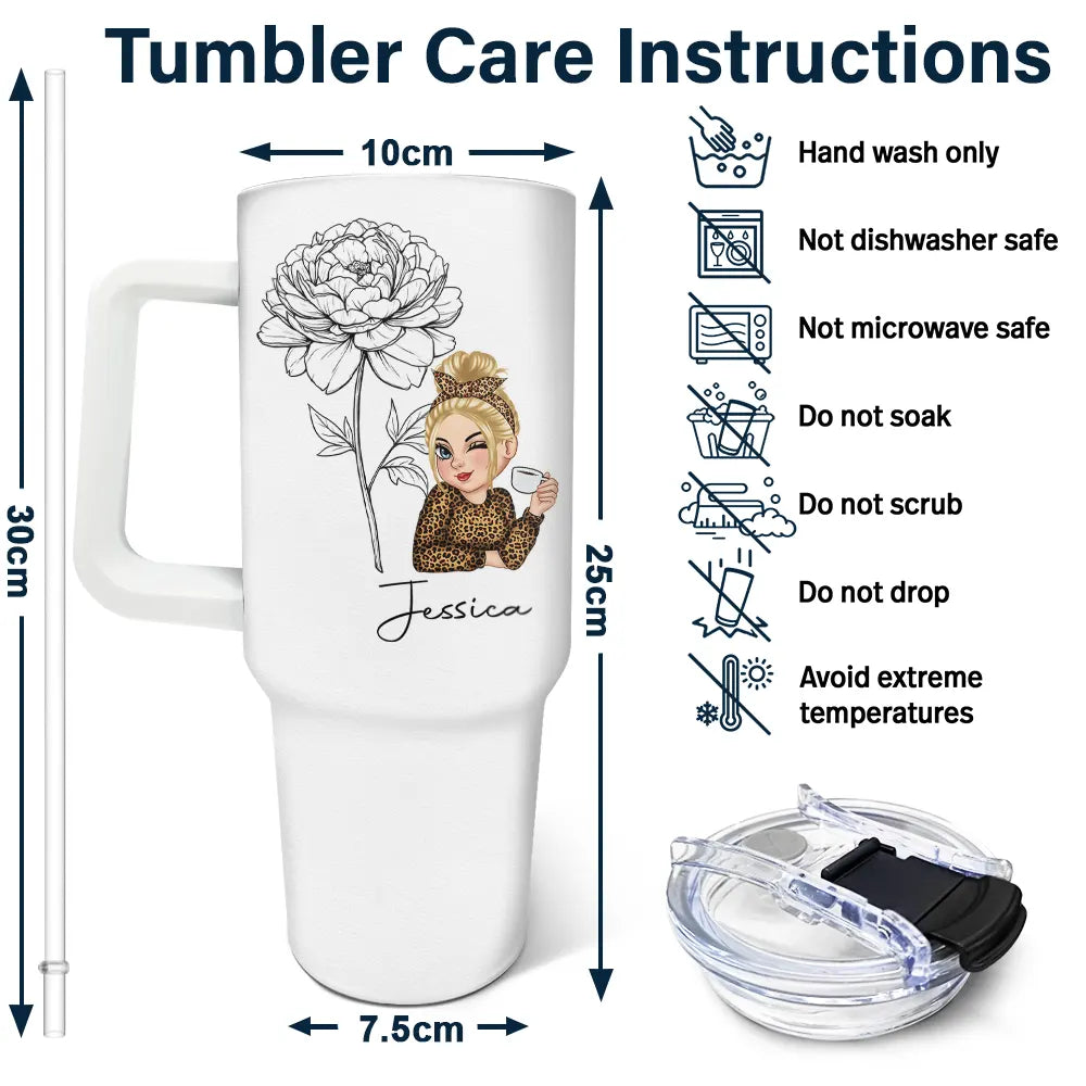 Sketch Girl Bloom Where You're Planted - Personalized Birth Month Flowers Tumbler With Straw
