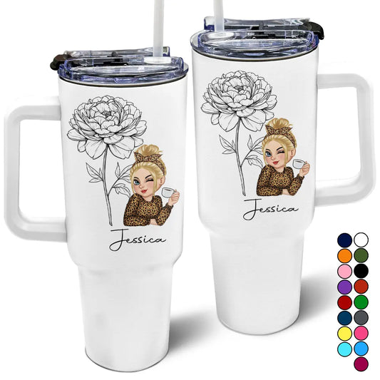 Sketch Girl Bloom Where You're Planted - Personalized Birth Month Flowers Tumbler With Straw