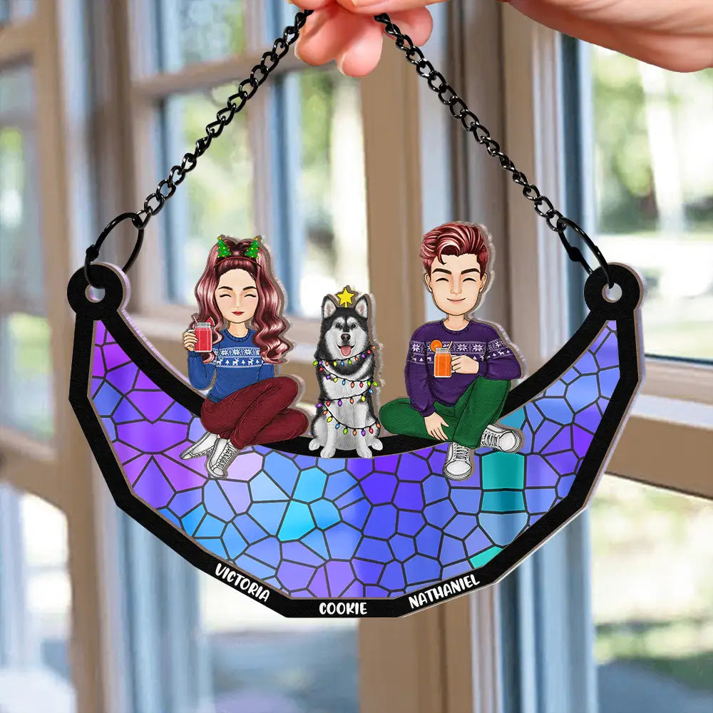 Family Sitting On The Moon - Personalized Window Hanging Suncatcher Ornament