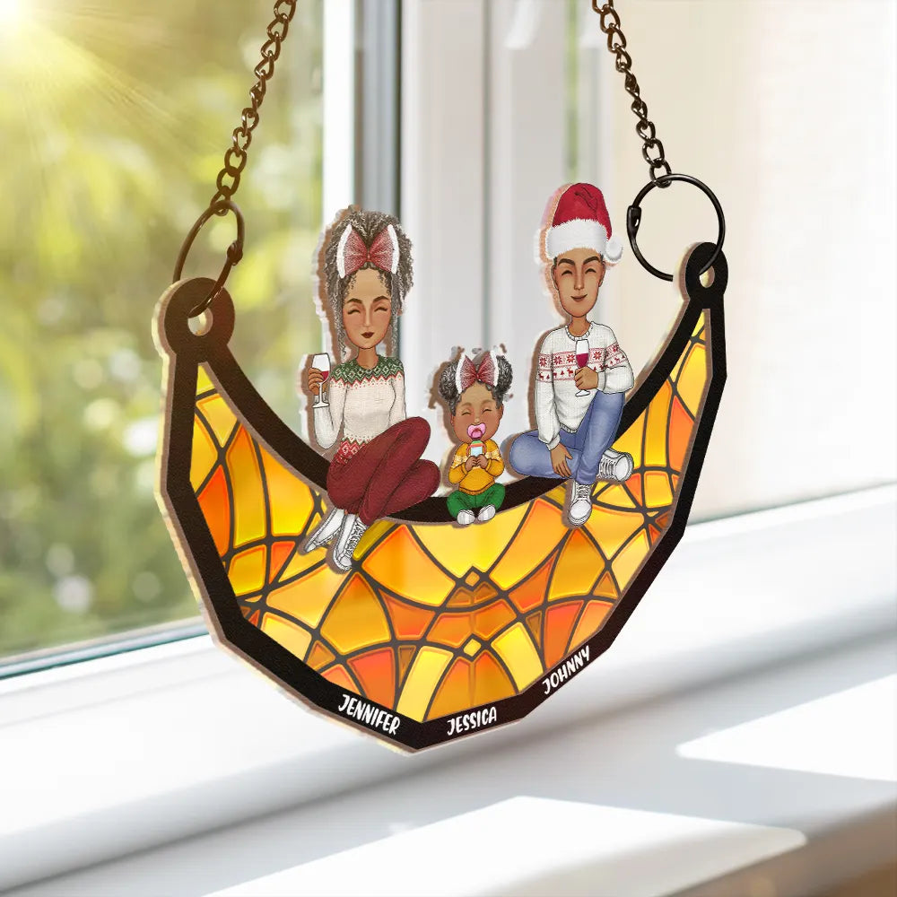 Family Sitting On The Moon - Personalized Window Hanging Suncatcher Ornament