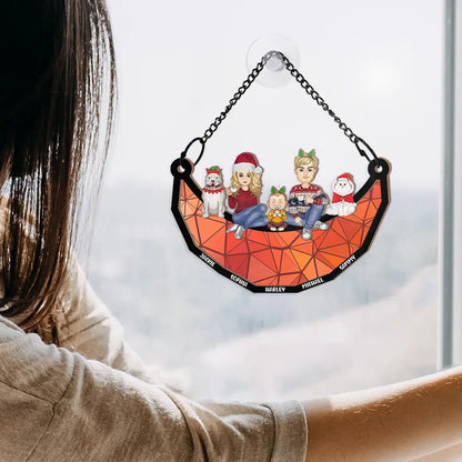 Family Sitting On The Moon - Personalized Window Hanging Suncatcher Ornament