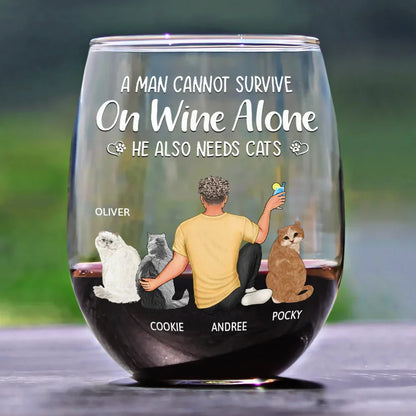 A Woman Cannot Survive On Wine Alone - Personalized Cat Mom Stemless Wine Glass