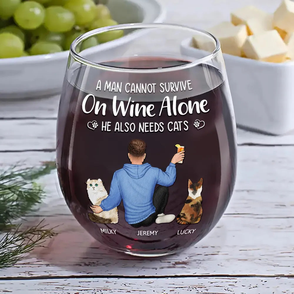 A Woman Cannot Survive On Wine Alone - Personalized Cat Mom Stemless Wine Glass