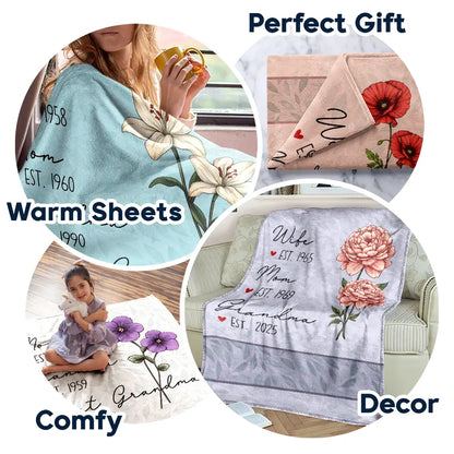 Gift For Grandma,Love,Gift For Mother,Gift For Wife - Mom Grandma Great Grandma Birth Flower - Personalized Fleece Blanket, Sherpa Blanket
