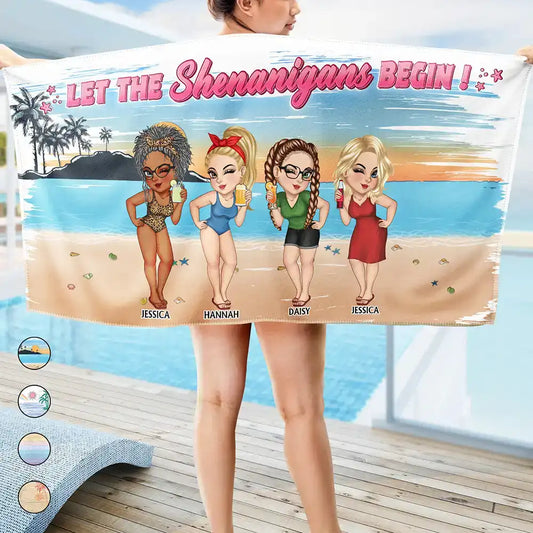 Personalized 'Shenanigans Begin' Beach Towel for Girls Trips & Best Friends