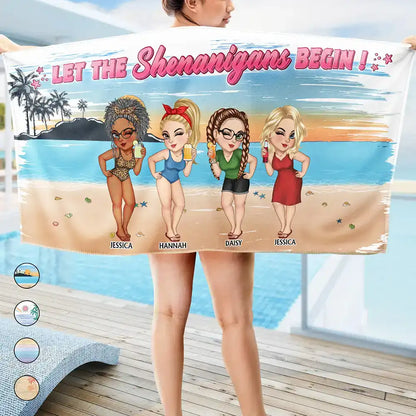 Personalized 'Shenanigans Begin' Beach Towel for Girls Trips & Best Friends