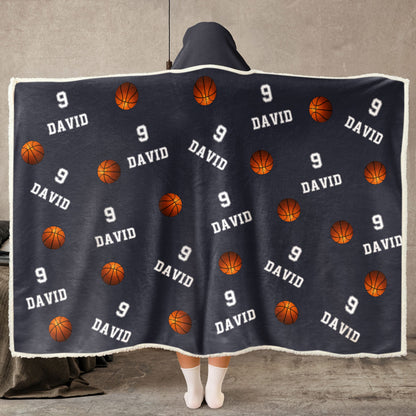 Personalized Basketball Sherpa Blanket - Custom Name Hooded Blanket, Gift for Basketball Fans