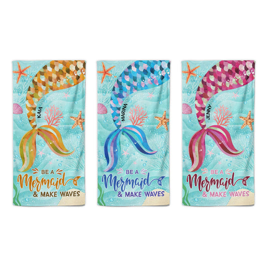 Personalized 'Be A Mermaid & Make Waves' Beach Towel for Summer Fun