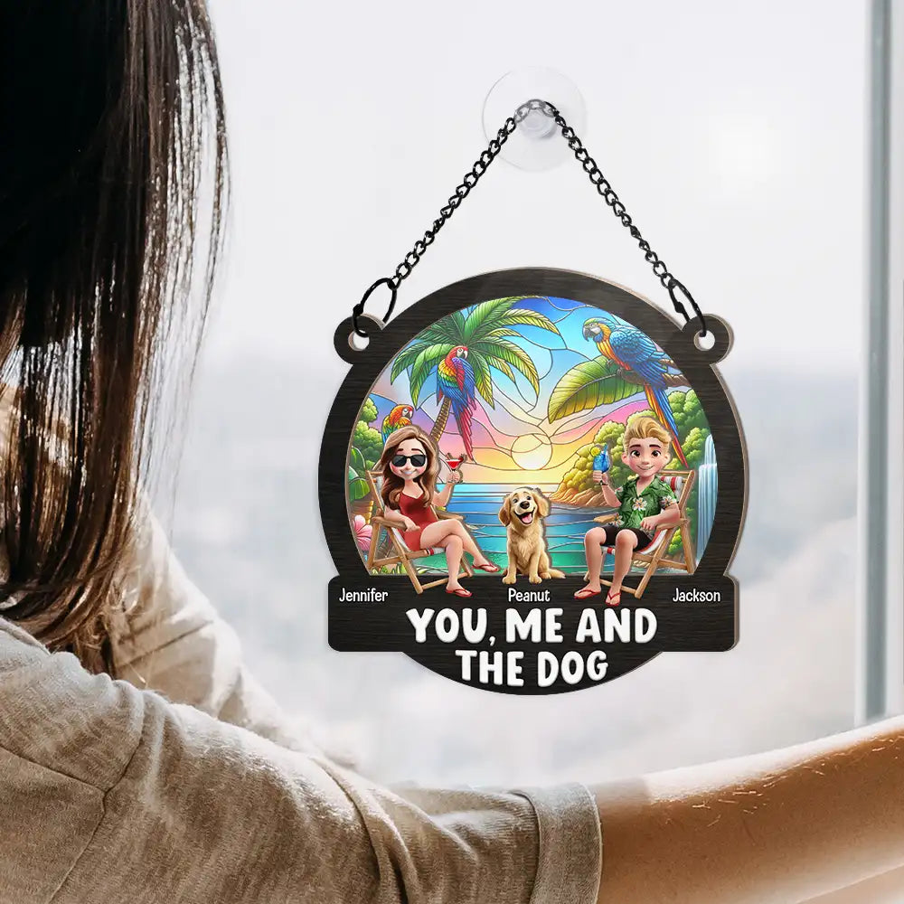 Gift For Couples,Gift For Wife,Gift For Husband,Gift For Boyfriend,Gift For Girlfriend,Pet Lovers,Pet Mom,Pet Dad,Pet Couple,Dog Lovers,Dog Mom,Dog Dad,Dog Couple,Camping,Beach - Beach You, Me And The Dogs - Personalized Window Hanging Suncatcher Ornament