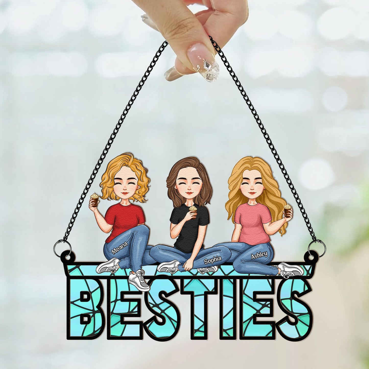 Besties Sitting Together - Personalized Window Hanging Suncatcher Ornament