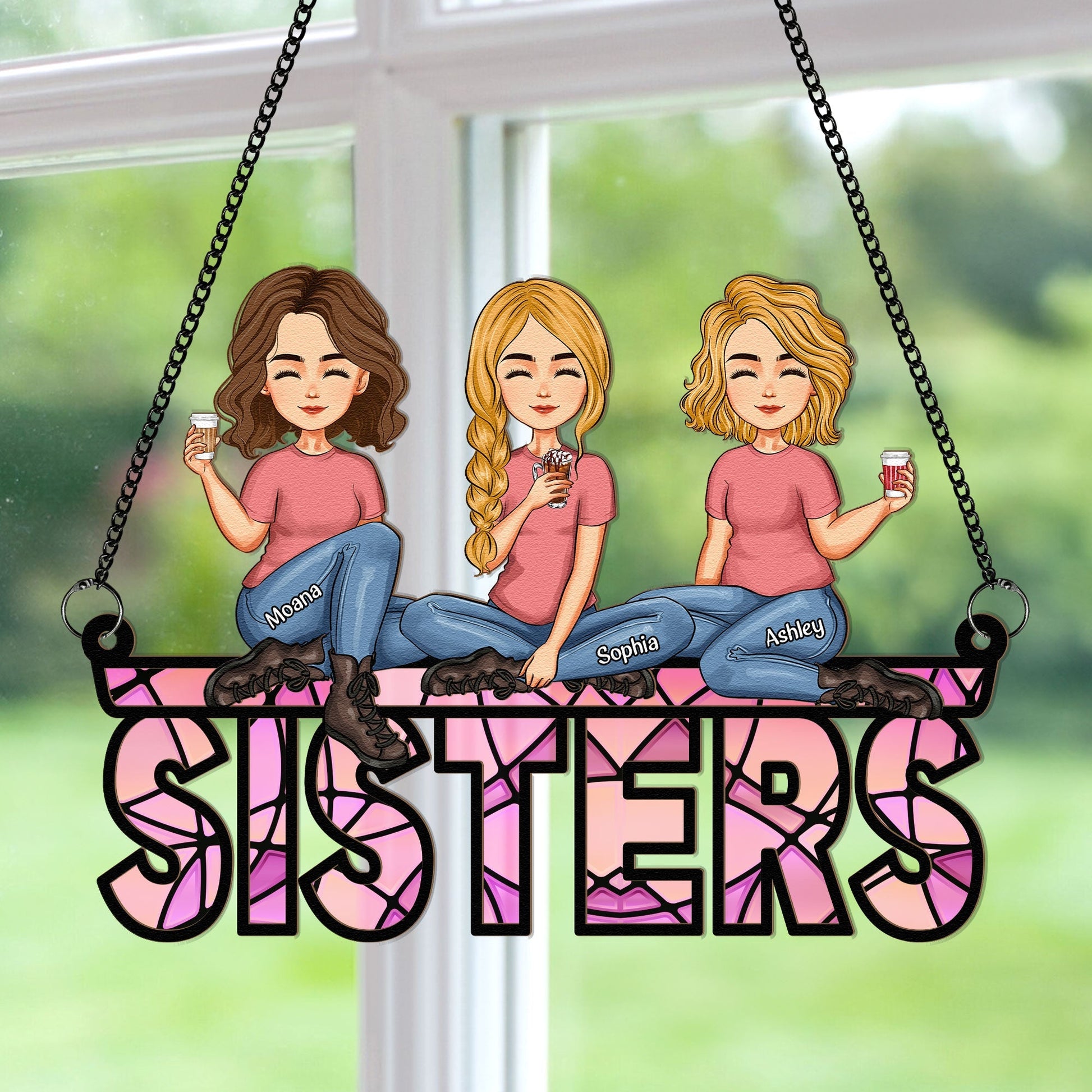 Besties Sitting Together - Personalized Window Hanging Suncatcher Ornament