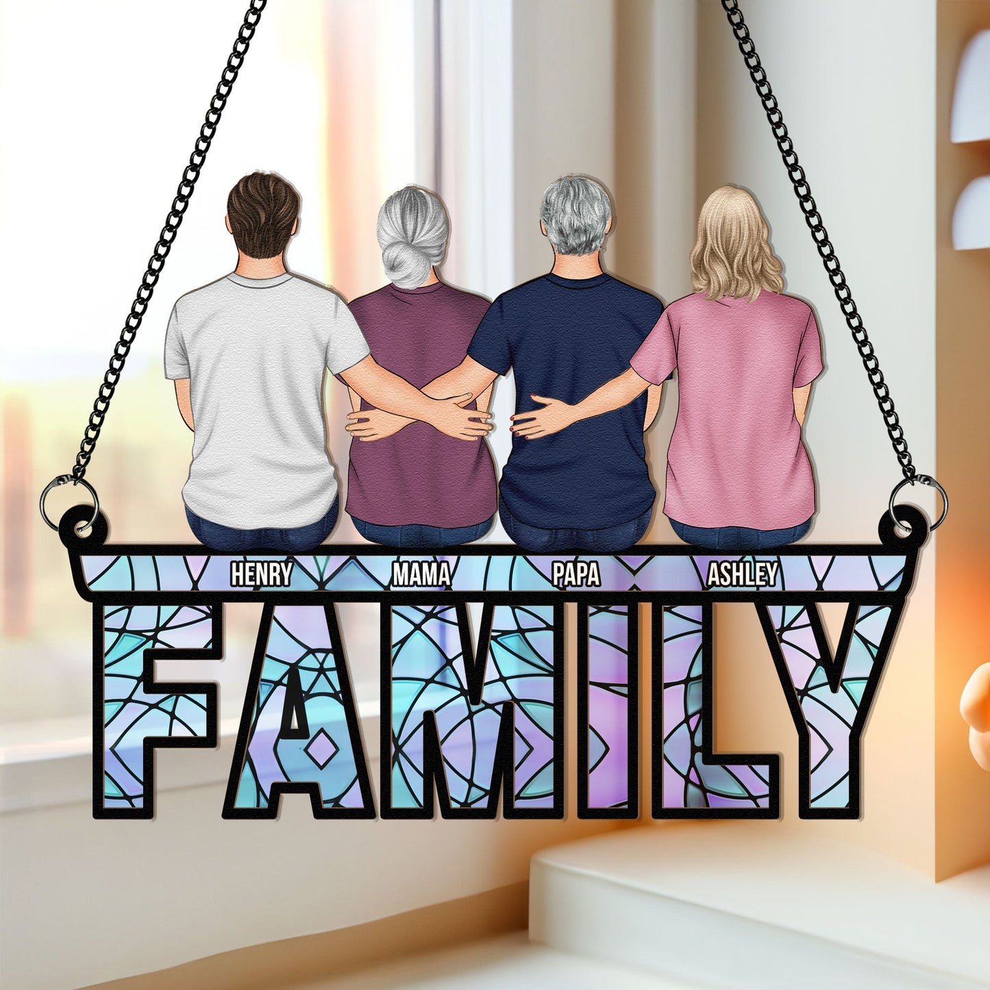 Big Family Sitting Together - Personalized Window Hanging Suncatcher Ornament