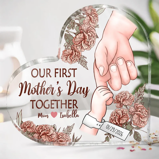 Great Job New Mom - Personalized Birth Flower Heart Shaped Acrylic Plaque