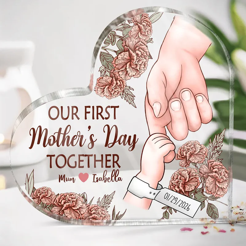 Great Job New Mom - Personalized Birth Flower Heart Shaped Acrylic Plaque