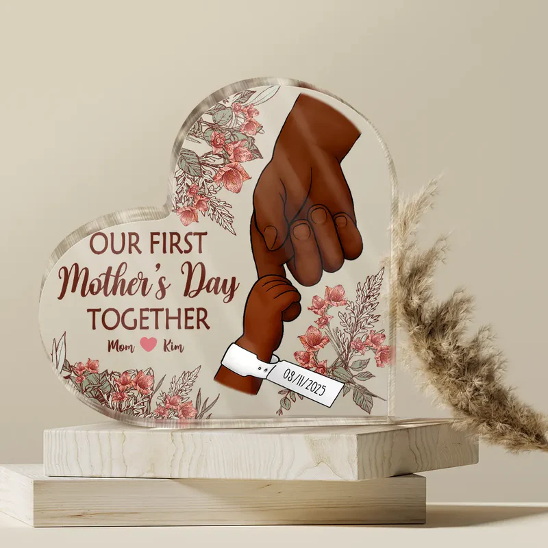 Great Job New Mom - Personalized Birth Flower Heart Shaped Acrylic Plaque