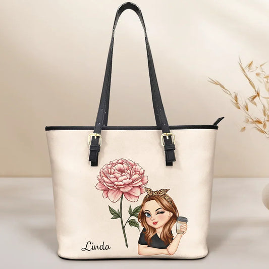 Gift For Yourself,Gift For Women - Birth Month Flower Blooming - Personalized Leather Tote Bag