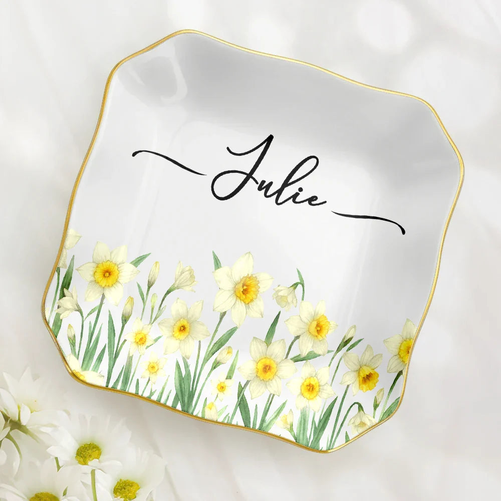 Gift For Yourself, Happy, Gift For Women - Birth Month Flower Watercolor Blooming In Love - Personalized Lace Square Jewelry Dish