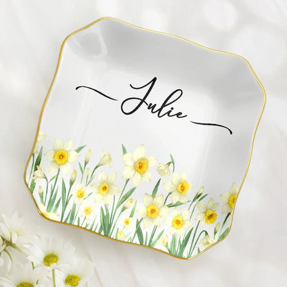 Gift For Yourself, Happy, Gift For Women - Birth Month Flower Watercolor Blooming In Love - Personalized Lace Square Jewelry Dish