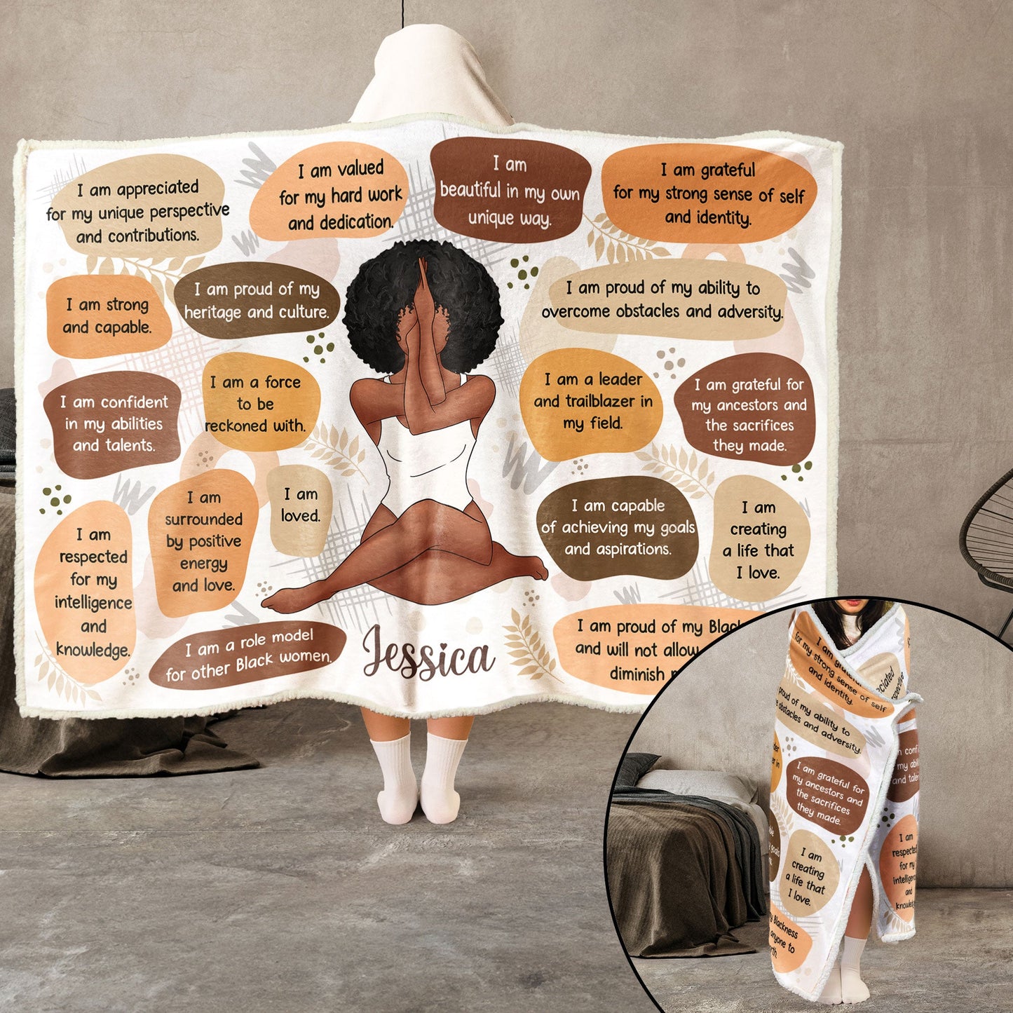 Personalized Empowering Affirmations Hooded Sherpa Blanket - Custom Name Gift for Self-Love & Cultural Pride