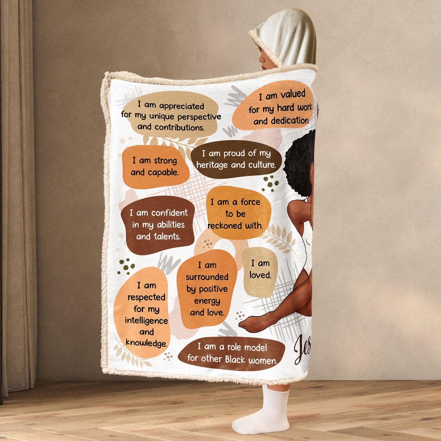 Personalized Empowering Affirmations Hooded Sherpa Blanket - Custom Name Gift for Self-Love & Cultural Pride
