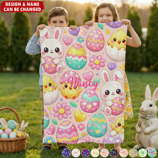 Cute Cartoon Bunny & Egg Patterns - Personalized Kids Easter Blanket