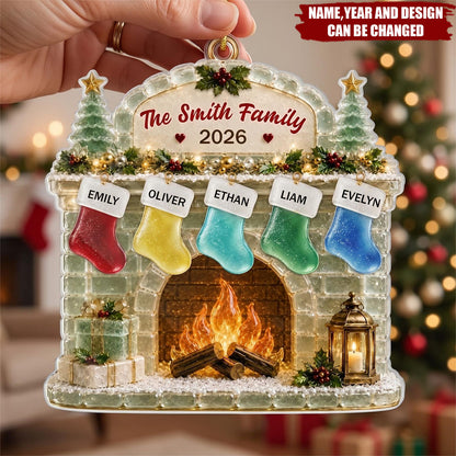 Fireplace Stockings Personalized Acrylic Ornament - Family Christmas Holiday Keepsake