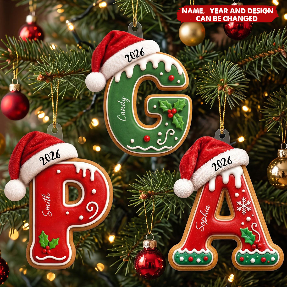 Custom Gingerbread Initial Acrylic Ornament for Family - Personalized Christmas Stocking Tag Keepsake
