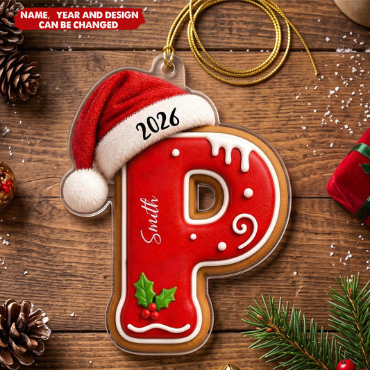 Custom Gingerbread Initial Acrylic Ornament for Family - Personalized Christmas Stocking Tag Keepsake