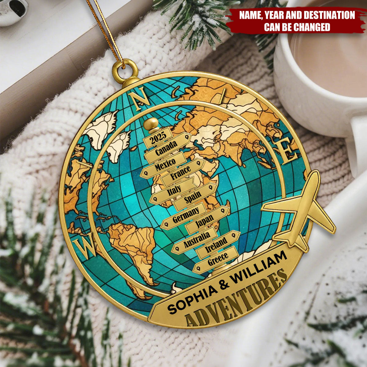 Personalized Year-Round Adventure Ornament - Custom Keepsake with 1-10 Destinations & Year