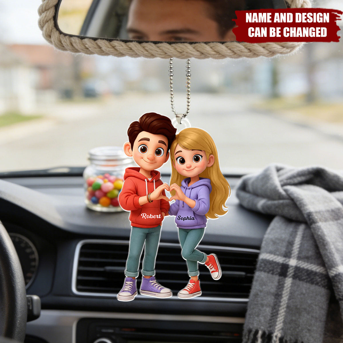 Cute Cartoon Couple Heartfelt Moment - Personalized Acrylic Car Hanger