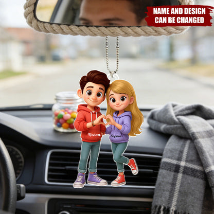 Cute Cartoon Couple Heartfelt Moment - Personalized Acrylic Car Hanger