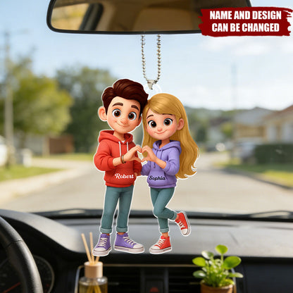 Cute Cartoon Couple Heartfelt Moment - Personalized Acrylic Car Hanger