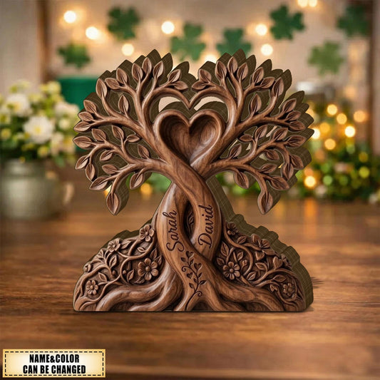 Personalized couple tree of love plaque featuring engraved names and interlocking roots forming a heart