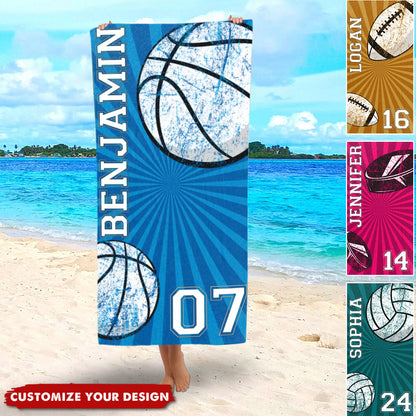 Personalized Sports Beach Towel - Custom Name & Number