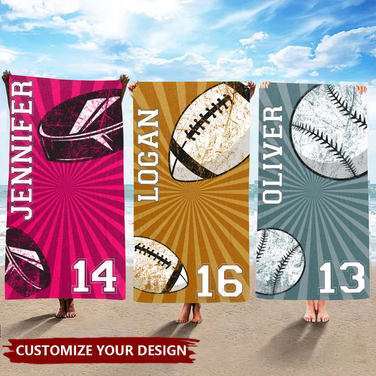 Personalized Sports Beach Towel - Custom Name & Number